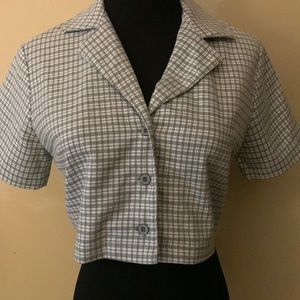 J Galt - Women’s Small Crop Button Down Top Olive Green Checked